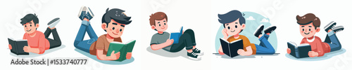 vector of a little boy lying on his stomach reading a book