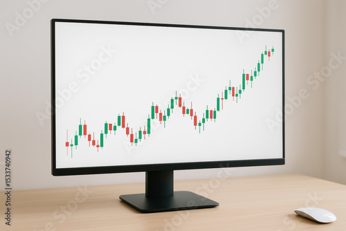 Modern computer monitor displaying rising financial candlestick chart for market analysis and investment strategy in a minimalist office