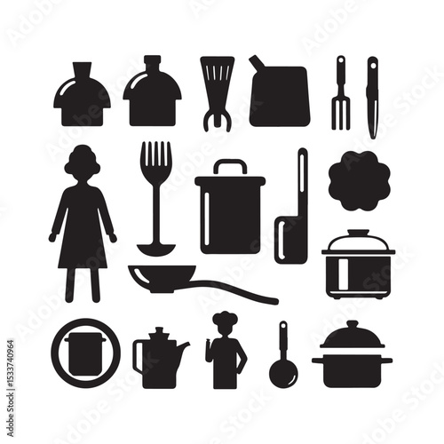 A set of black and white icons for kitchen baking, Icon Set tools, elements, preparation, steel, and graphics