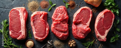 Variety of raw beef steaks with seasoning and herbs. Meat pieces ready for grilling, cooking, barbecue. Culinary background for recipes, butcher shop, steakhouse menu. Fresh meal, food photography.