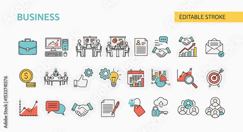 Collection of Line Icons Representing Business Processes and Strategies