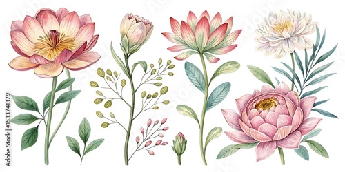 Set of beautiful flower, Watercolor collection of hand drawn flowers, Botanical plant illustration