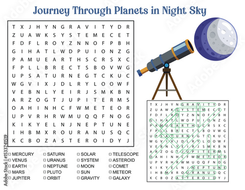 Journey Through Planets Word Search Puzzle with Telescope and Moon Illustration