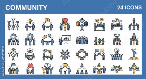 Collection of Community and Teamwork Icon Illustrations in Various Actions