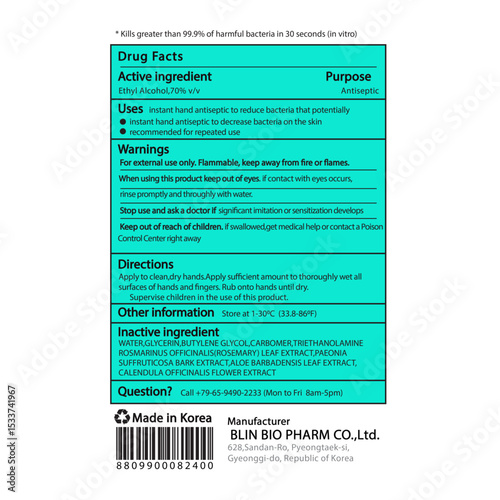 Korean drug facts label, hand sanitizer label information, medical, pharmaceutical products standard label , editable ,resizable, vector