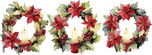 Three Watercolor Christmas Wreaths with Poinsettias Holly Leaves Pine Cones and Candles on a White Background Perfect for Holiday Greetings and Festive Designs Isolated Elements