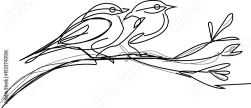  continuous single line hand drawing  of a two birds perched closely on a branch, illustration on white background 