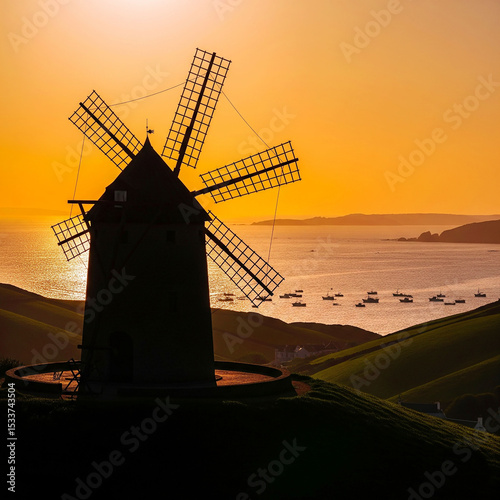 windmill silhouette in sunset 