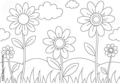 line art for summer wild meadow flowers Vector coloring book for adults.