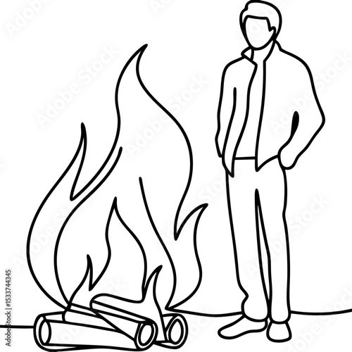 Person Standing by a Bonfire in Line Art Style for Blogs, Websites, Outdoor Adventure Content, Camping Guides, and Relaxation Articles  