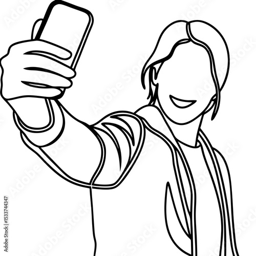 Line Art Illustration of Person Taking a Selfie with Smartphone for Social Media Posts, Blogs, Digital Content, and Creative Marketing Materials  
