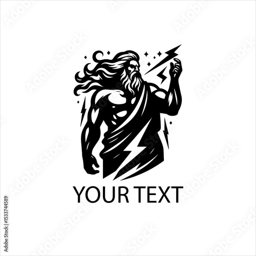 Vector logo of Zeus god holding thunderbolt, powerful mythological figure in black outline, isolated on white background