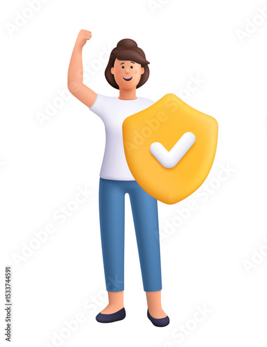 Confident woman Jane standing with one arm raised in triumph and holding a golden shield with checkmark symbol. Protection, insurance concept. 3d vector people character. Cartoon minimal style.