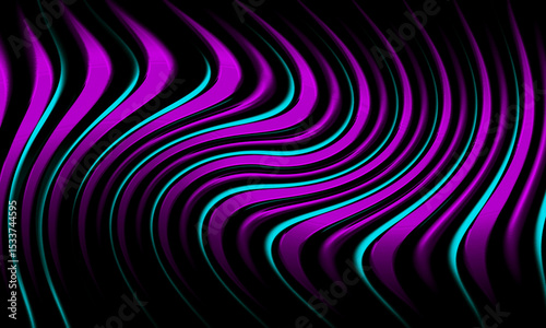 Vibrant wavy abstract background with purple and cyan neon lines on black