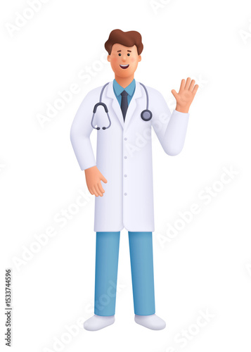 Smiling male doctor James wearing a white lab coat and stethoscope, waving gesture Healthcare, medicine, telemedicine and medical services concept. 3d vector people character. Cartoon minimal style.