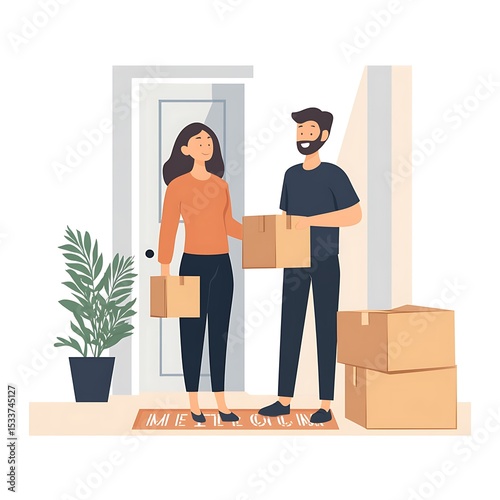 Couple Moving into New Home: Relocation, Boxes, Apartment, House