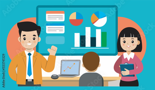 Business team presentation with charts and graphs illustrating data analysis and growth strategy