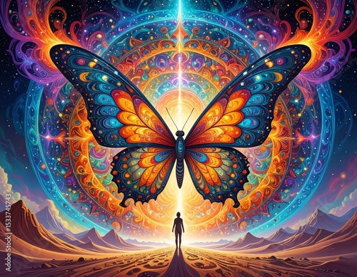 Giant colorful butterfly in a cosmic mandala setting with a person standing in awe. The butterfly's wings are a kaleidoscope of vibrant colors, contrasting with the desert landscape and starry sky.