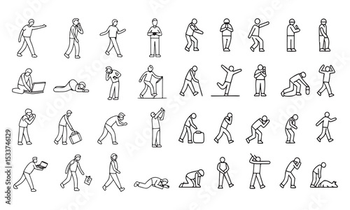 Set of people line icons. Person walking, running, jumping, dancing. Vector illustrations. Editable strokes