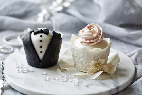 Wallpaper Mural Elegant wedding cupcakes decorated with tuxedo and floral designs on marble surface Torontodigital.ca