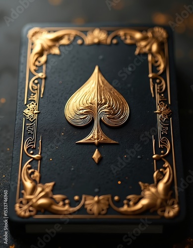 Art Deco design playing card deck back. Golden spade on dark background. Steampunk, fantasy style. Playing card backer design with intricate gold details. Luxury, vintage, game concept.
