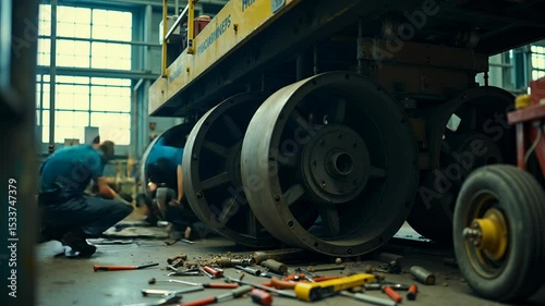 Machine repair process shown in time lapse with tools moving and parts replaced in workshop