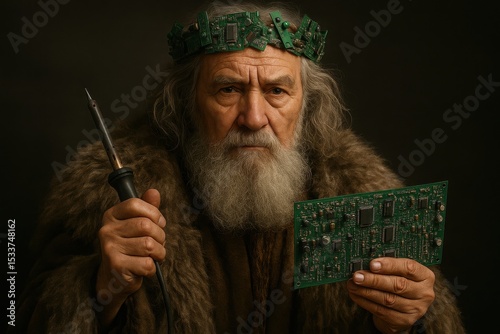 An old man, a wise wizard, dressed in a fur coat, holding a soldering iron and an electronic circuit in his hand