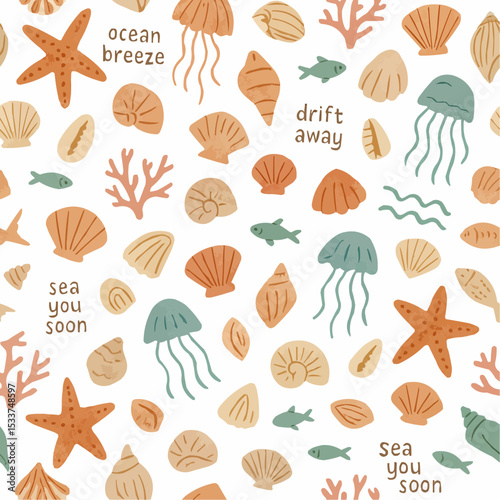 貝や魚やヒトデなどの背景や包装紙に使えるエンドレスな海のイラスト