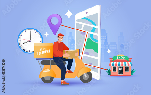 Internet digital store scene with people on shopping. E-commerce advertising illustration. fast online delivery service. Hands holding a package box with groceries out of mobile screen. Food delivery.