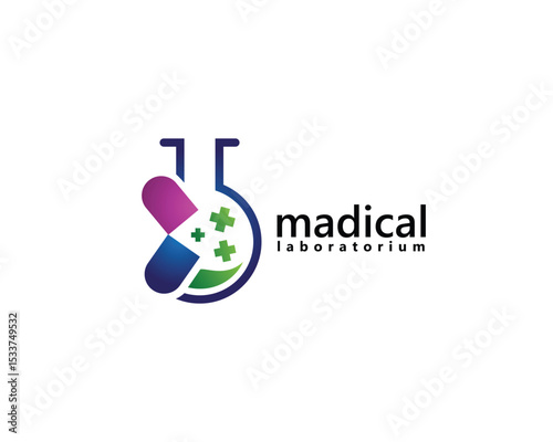 laboratory, pharmacy, medical logo, lab bottle with medicine pills with plus medical, logo design inspiration
