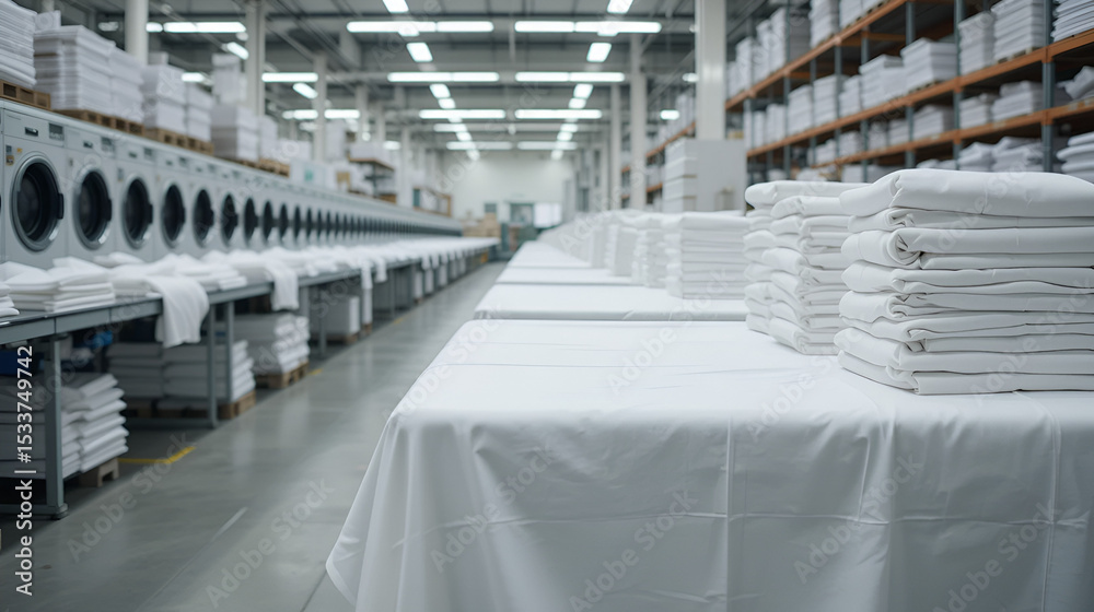 White bed sheets on the table in a factory, with white shirts stacked behind them. A wide-angle view of laundry work tables and warehouse shelves. White bed sheets on the table in a factory, with white shirts stacked behind them. A wide-angle view of laundry work tables and warehouse shelves.