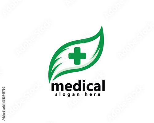 laboratory, pharmacy, medical logo, leaf with plus medical in the middle, logo design inspiration