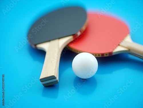 Table tennis rackets and a white plastic ball on a blue background.