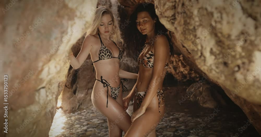 Confident Bikini Models in Leopard Swimwear Posing Inside Beach Cave