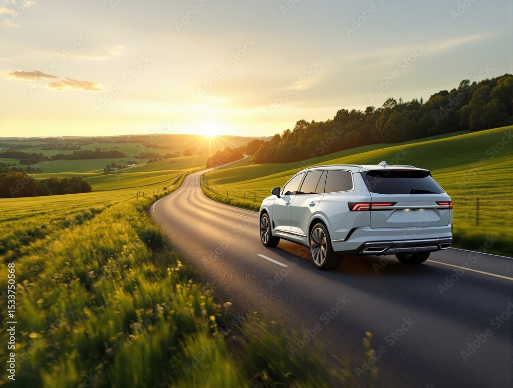 White SUV driving on countryside road during sunset with green hills and trees surrounding the winding asphalt highway scene. Ai generative.