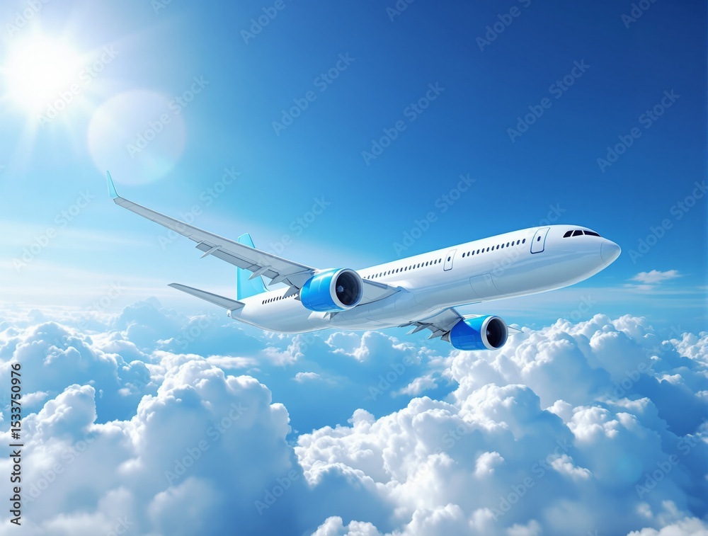 Obraz premium Commercial airplane flying above clouds in bright blue sky with sunlight and clear atmosphere, illustrating modern air transport concept.