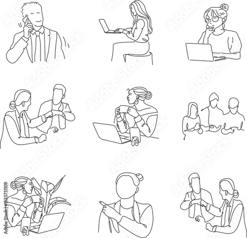 One Line Art Business People Collection. Teamwork, Office Meeting, and Corporate Collaboration Scenes. Continuous Minimalist Drawing Vector Set.