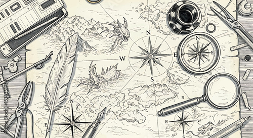 Hand Drawn Cartographer's Desk - Fantasy Map Making Vector