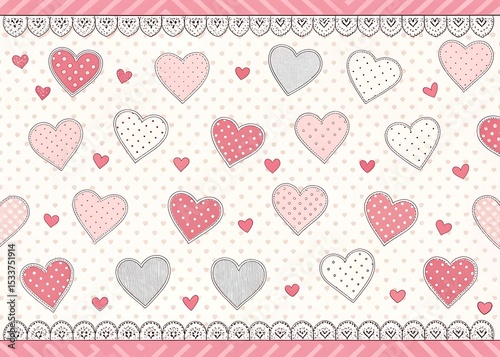 Pink white background with hearts and dots, seamless pattern, vector drawing