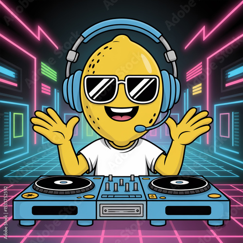 Cartoon lemon dj with headphones and sunglasses at a turntable in a neon lit room with a grid floor