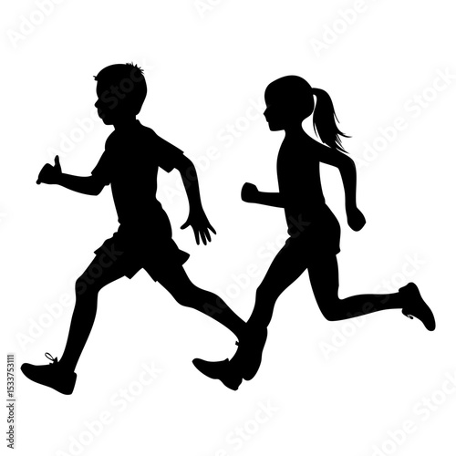 A boy and girl running full black silhouette vector illustration design