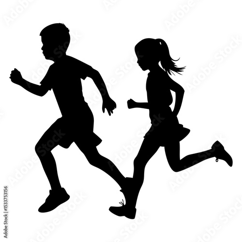 A boy and girl running full black silhouette vector illustration design