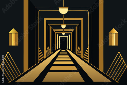 Golden Geometric Hallway An Art Deco Inspired Perspective Illusion