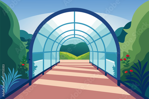Serene Garden Pathway Glass Tunnel Archway to Scenic Hills