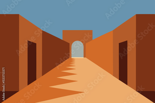 Desert Oasis Architectural Illustration of a Narrow, Sun-Drenched Alleyway