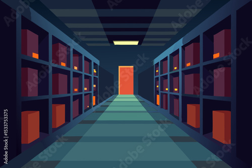 Mysterious Warehouse Corridor A Digital Illustration of a Dark Storage Facility