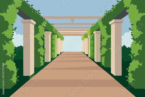 Serene Garden Pathway Vines, Columns, and Tranquil Escape