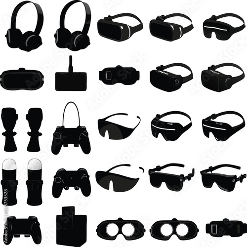 Black silhouette collection of vr headsets controllers and accessories illustrating technology and gaming themes on a white background