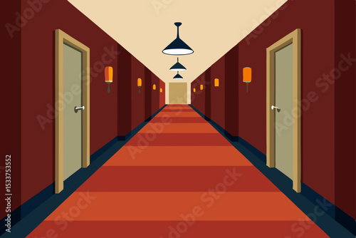 Long Hotel Corridor Interior Design Red Carpet, Elegant Lighting, and Room Doors