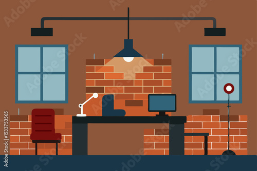 Industrial Loft Office Design Exposed Brick Walls, Modern Desk Setup, and Functional Workspace